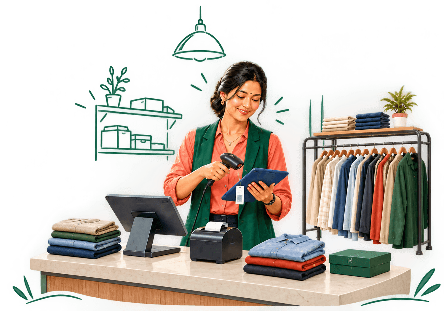 A shop owner scanning apparel beside a modern clothing display and glass storefront