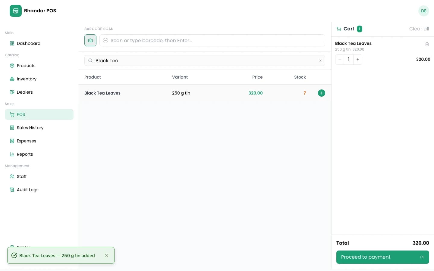 Bhandar checkout screen with a product searched, stock visible, and the cart total beside it
